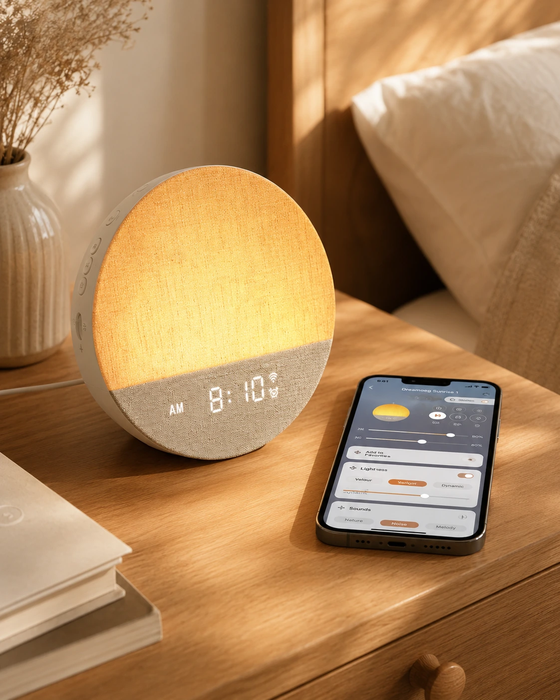 Dreamegg Sunrise 1 Wake Up Alarm Clock glowing on a wooden bedside table next to a phone app control screen. Dreamegg Sunrise 1 Wake Up Alarm Clock glowing on a wooden bedside table next to a phone app control screen.