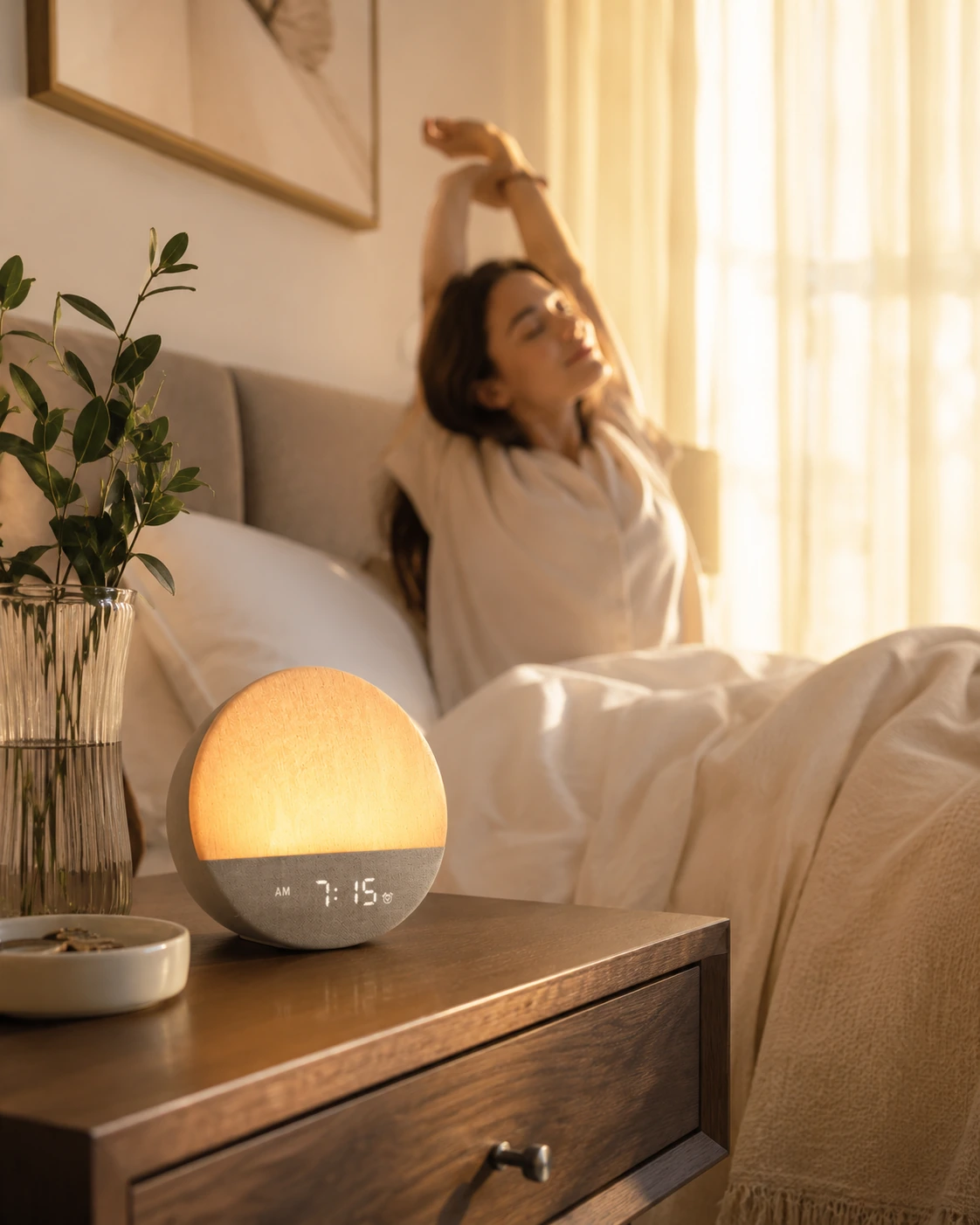 Dreamegg Sunrise 1 Wake Up Alarm Clock glowing beside a bed while a woman stretches in the morning light. Dreamegg Sunrise 1 Wake Up Alarm Clock glowing beside a bed while a woman stretches in the morning light.