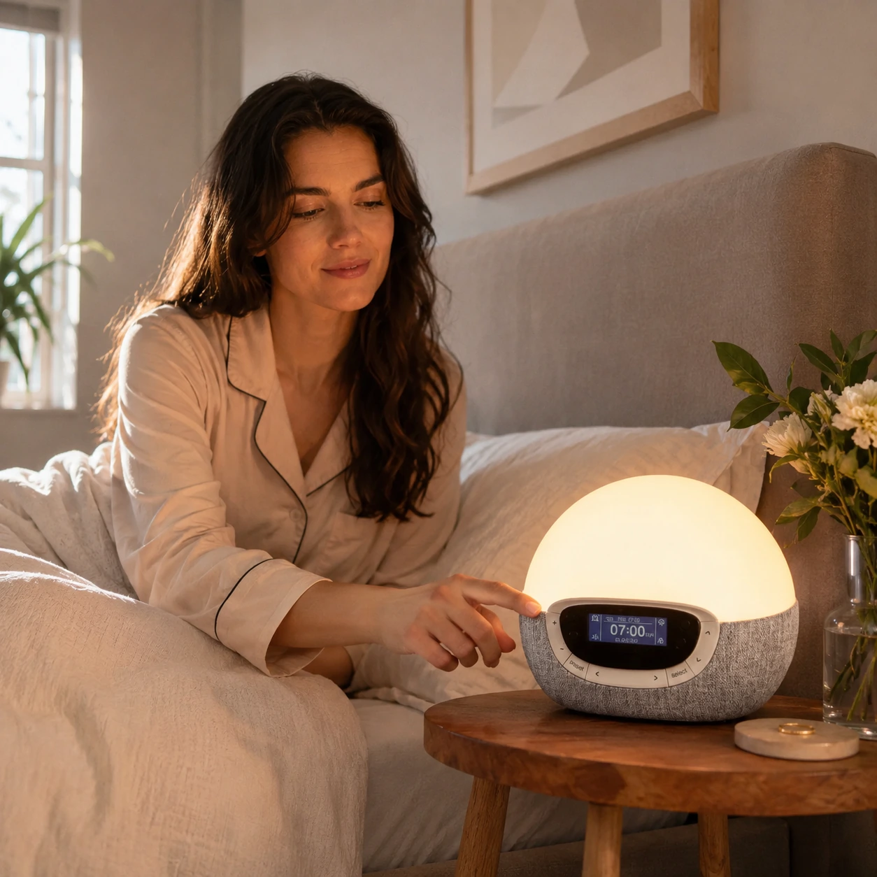 Dreamegg Sunrise 1 Wake Up Alarm Clock on a rustic bedside table with a mug, book, and traditional lamp. Dreamegg Sunrise 1 Wake Up Alarm Clock on a rustic bedside table with a mug, book, and traditional lamp.