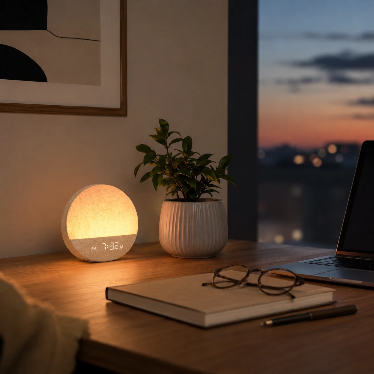 Dreamegg Sunrise 1 Wake Up Alarm Clock glowing on a desk near a laptop, notebook, glasses, and evening window view. Dreamegg Sunrise 1 Wake Up Alarm Clock glowing on a desk near a laptop, notebook, glasses, and evening window view.
