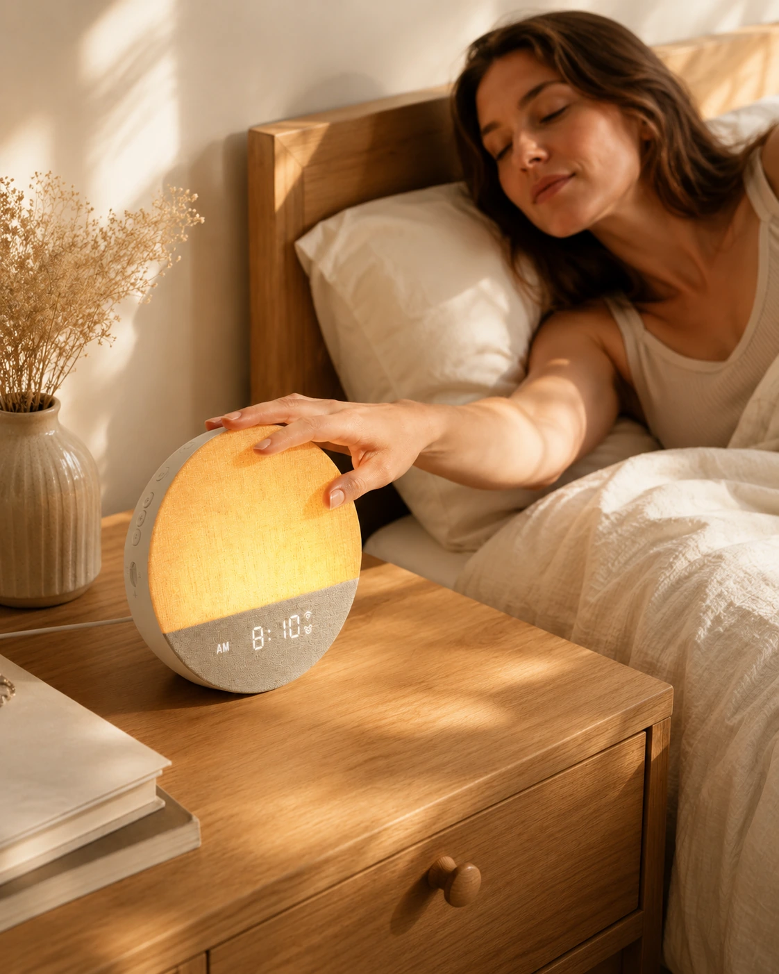 Woman reaching toward the Dreamegg Sunrise 1 Wake Up Alarm Clock on a wooden bedside table in soft morning light. Woman reaching toward the Dreamegg Sunrise 1 Wake Up Alarm Clock on a wooden bedside table in soft morning light.