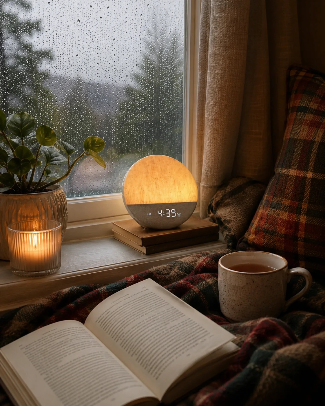 Dreamegg Sunrise 1 Wake Up Alarm Clock glowing beside a rainy window with a book, blanket, candle, and tea. Dreamegg Sunrise 1 Wake Up Alarm Clock glowing beside a rainy window with a book, blanket, candle, and tea.