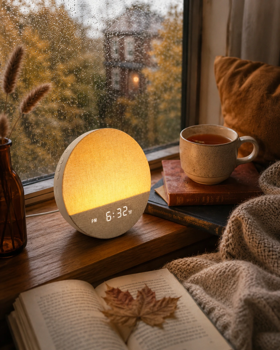 Dreamegg Sunrise 1 Wake Up Alarm Clock glowing on a rainy window ledge with books, tea, and a blanket. Dreamegg Sunrise 1 Wake Up Alarm Clock glowing on a rainy window ledge with books, tea, and a blanket.
