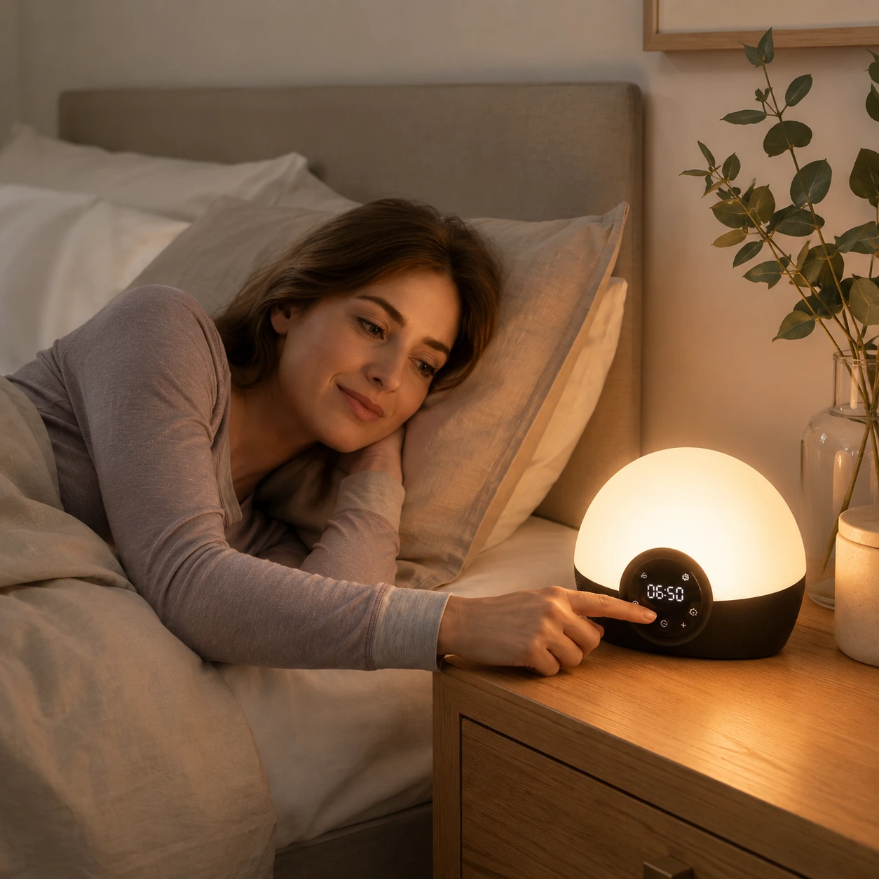Dreamegg Sunrise 1 Wake Up Alarm Clock glowing on a bedside side table with a candle, books, and decorative items. Dreamegg Sunrise 1 Wake Up Alarm Clock glowing on a bedside side table with a candle, books, and decorative items.