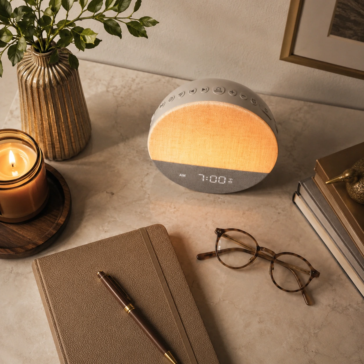 Top-down styled view of the Dreamegg Sunrise 1 Wake Up Alarm Clock with books, candle, plant, glasses, and pen. Top-down styled view of the Dreamegg Sunrise 1 Wake Up Alarm Clock with books, candle, plant, glasses, and pen.