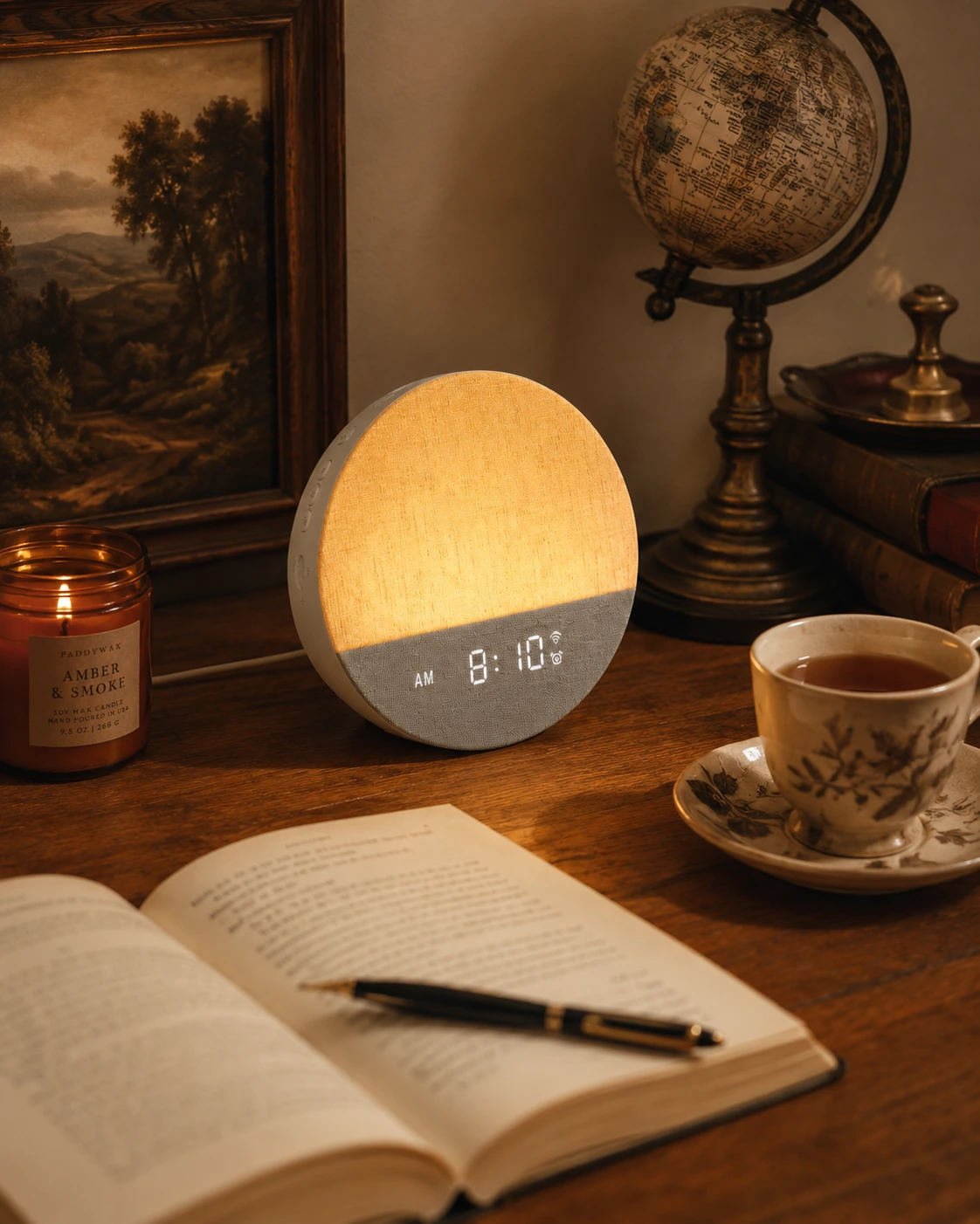 Dreamegg Sunrise 1 Wake Up Alarm Clock on a vintage desk with books, a candle, a globe, and tea. Dreamegg Sunrise 1 Wake Up Alarm Clock on a vintage desk with books, a candle, a globe, and tea.