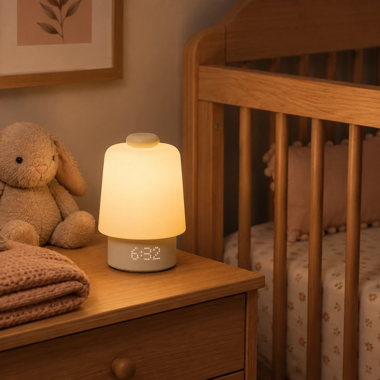Hatch Baby Sleep Sound Machine Alarm Clock glowing beside a crib at night Hatch Baby Sleep Sound Machine Alarm Clock glowing beside a crib at night