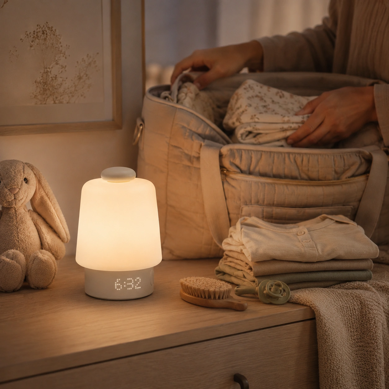 Hatch Baby Time-to-Rise light cue during a calm nursery routine Hatch Baby Time-to-Rise light cue during a calm nursery routine