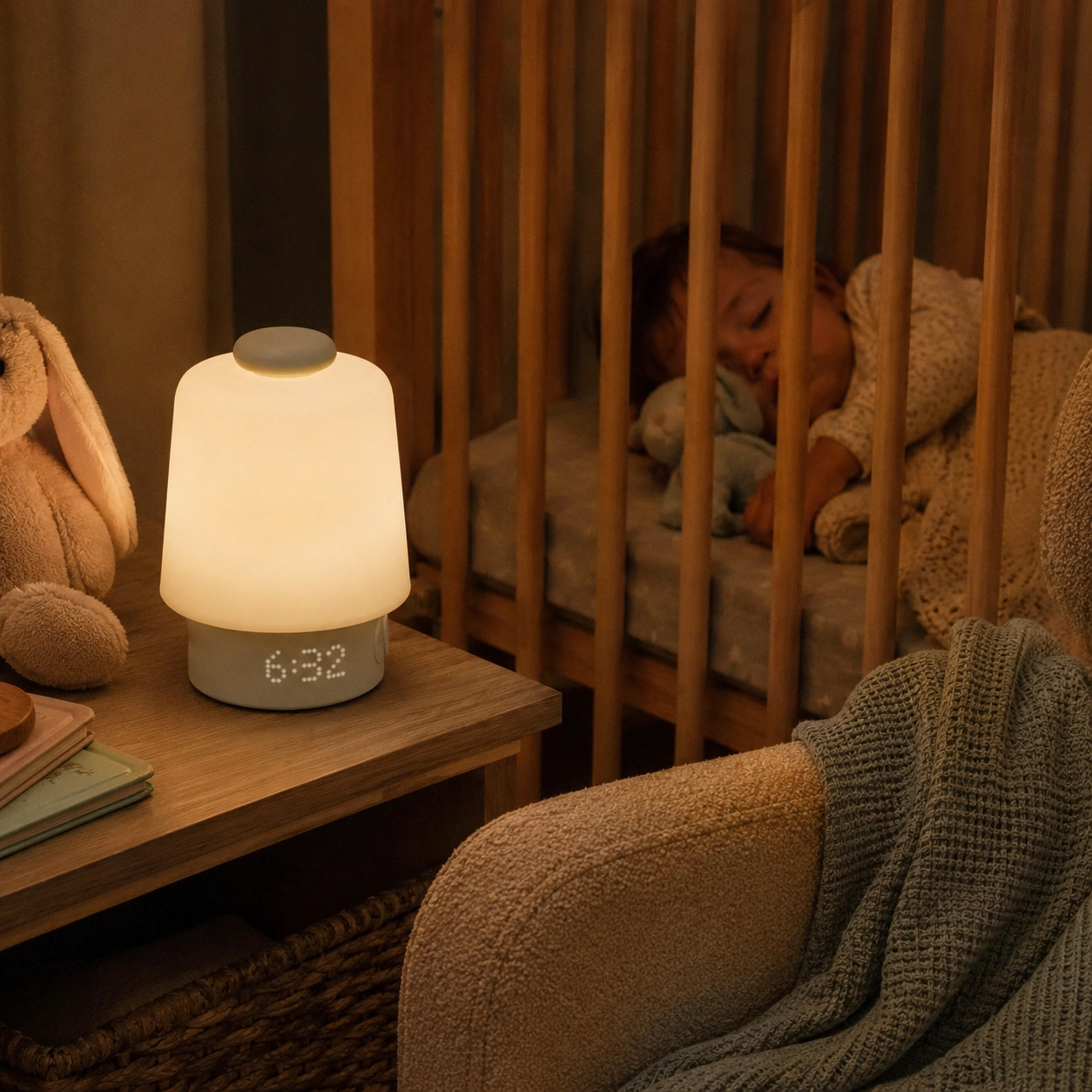 Hatch Baby sleep sound machine on a nursery nightstand beside a crib Hatch Baby sleep sound machine on a nursery nightstand beside a crib