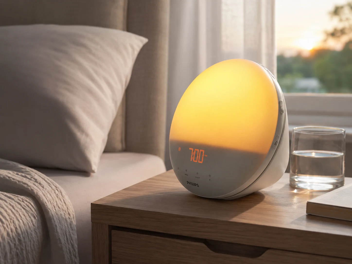 Philips SmartSleep HF3520/60 wake-up light glowing on a bedside table at dawn Philips SmartSleep HF3520/60 wake-up light glowing on a bedside table at dawn