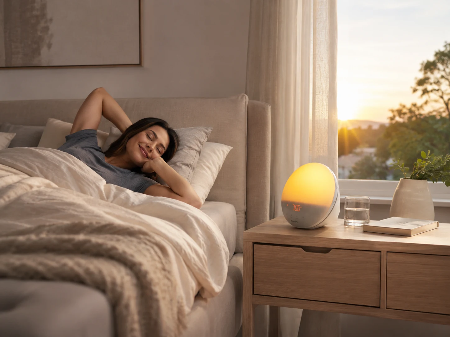Wide bedroom sunrise scene with Philips SmartSleep HF3520/60 on the nightstand Wide bedroom sunrise scene with Philips SmartSleep HF3520/60 on the nightstand