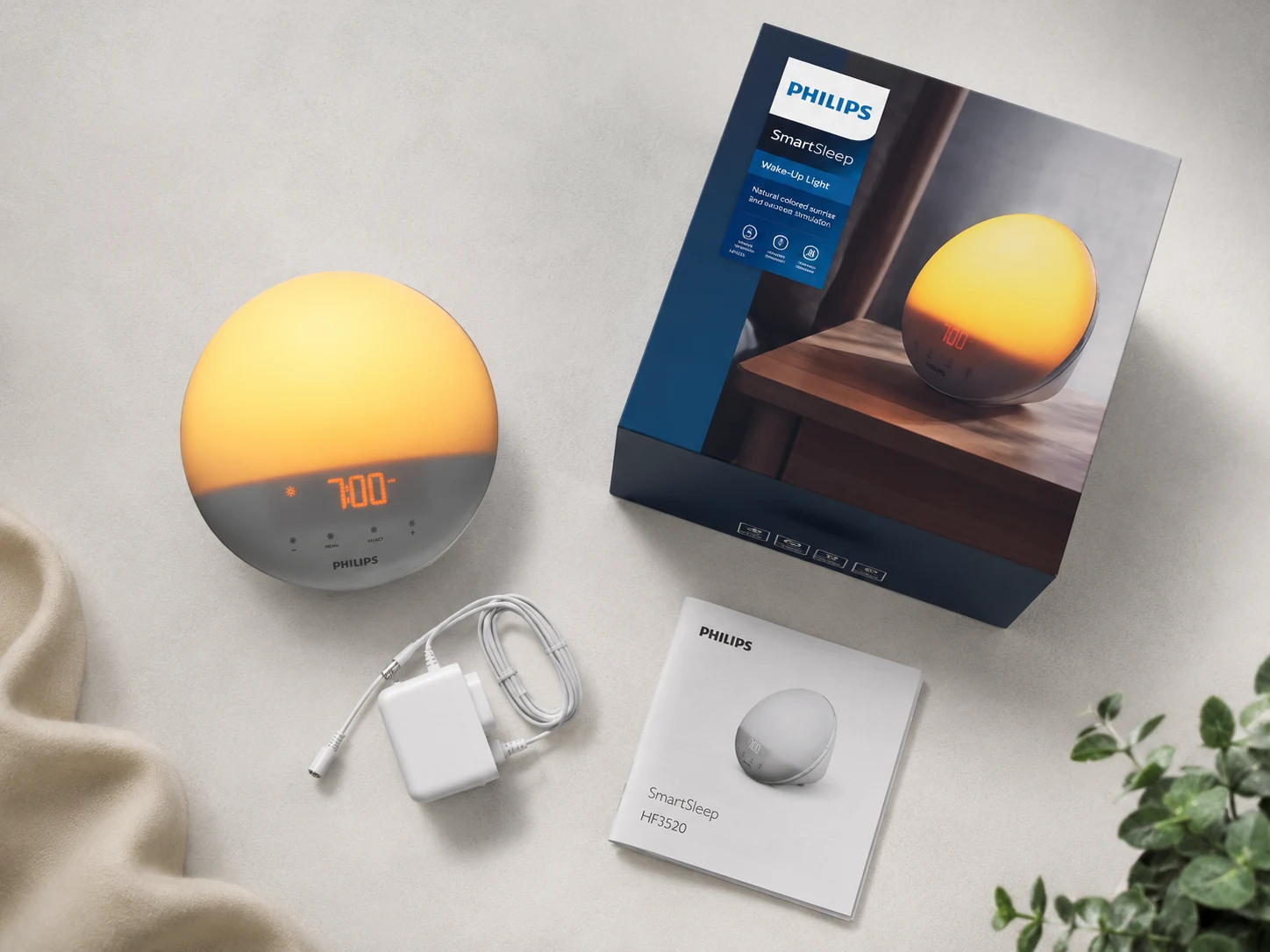 Philips SmartSleep HF3520/60 unboxing flat lay with box, adapter, and manual Philips SmartSleep HF3520/60 unboxing flat lay with box, adapter, and manual