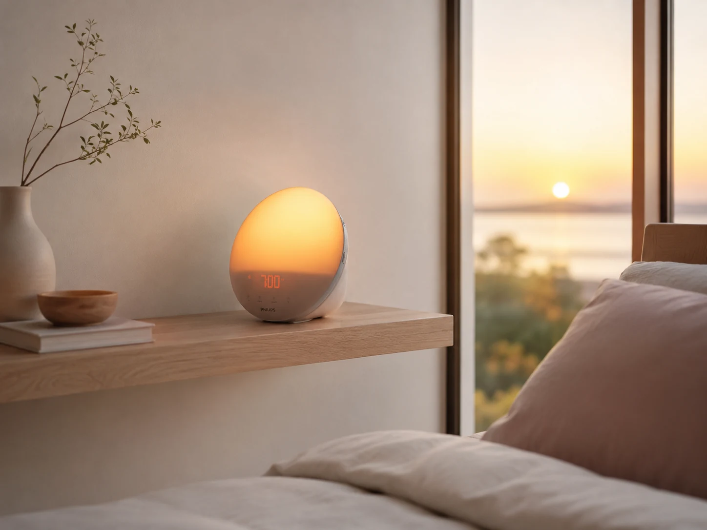 Philips SmartSleep HF3520/60 on a floating shelf in a minimalist sunrise bedroom Philips SmartSleep HF3520/60 on a floating shelf in a minimalist sunrise bedroom