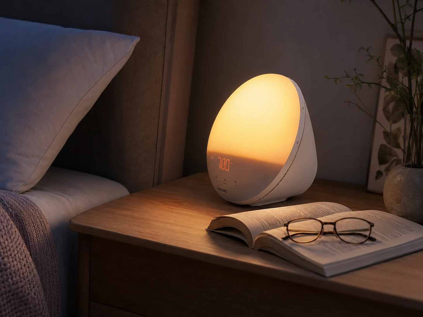 Philips SmartSleep HF3520/60 used as a warm evening reading light beside an open book Philips SmartSleep HF3520/60 used as a warm evening reading light beside an open book