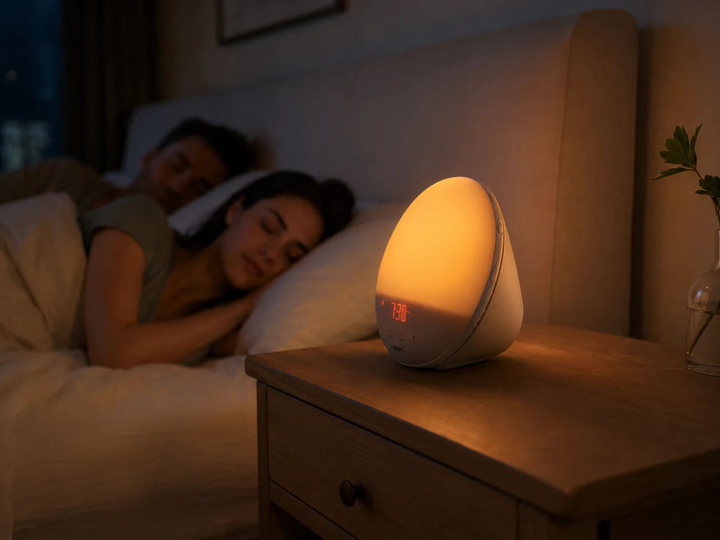 Philips SmartSleep HF3520/60 glowing softly while a couple sleeps in the background Philips SmartSleep HF3520/60 glowing softly while a couple sleeps in the background