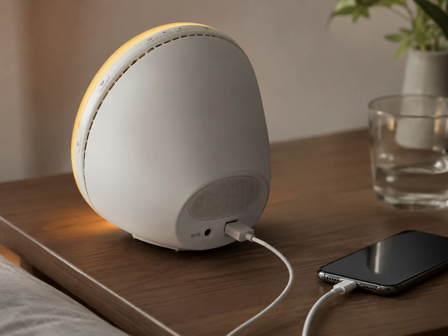 Philips SmartSleep HF3520/60 rear USB port charging a smartphone on a bedside table Philips SmartSleep HF3520/60 rear USB port charging a smartphone on a bedside table