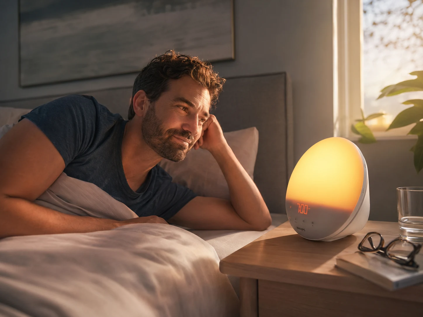 Man waking gently beside the Philips SmartSleep HF3520/60 sunrise alarm clock Man waking gently beside the Philips SmartSleep HF3520/60 sunrise alarm clock