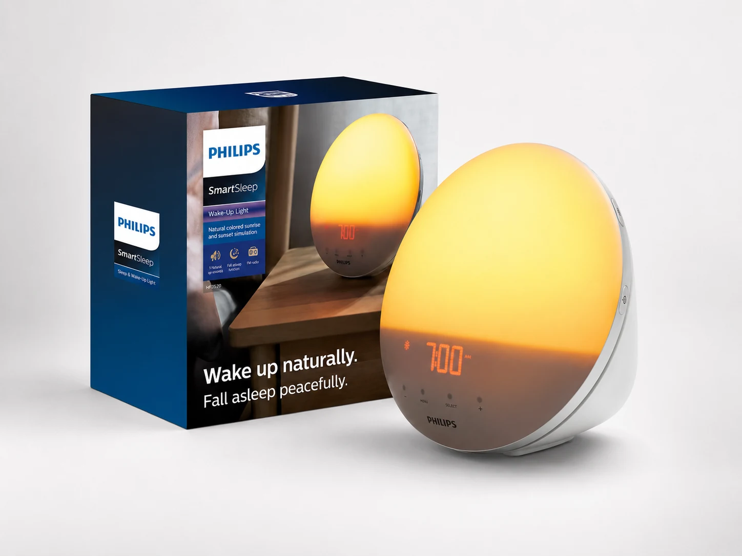 Philips SmartSleep HF3520/60 wake-up light shown with its retail box Philips SmartSleep HF3520/60 wake-up light shown with its retail box