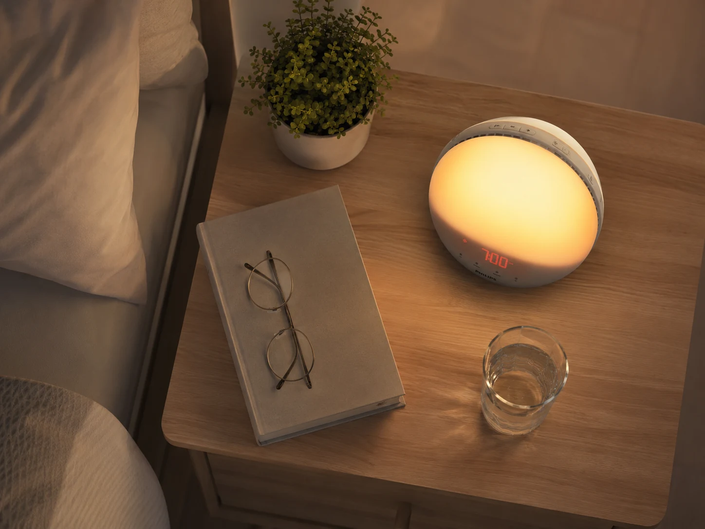 Overhead nightstand view with Philips SmartSleep HF3520/60, book, glasses, plant, and water Overhead nightstand view with Philips SmartSleep HF3520/60, book, glasses, plant, and water